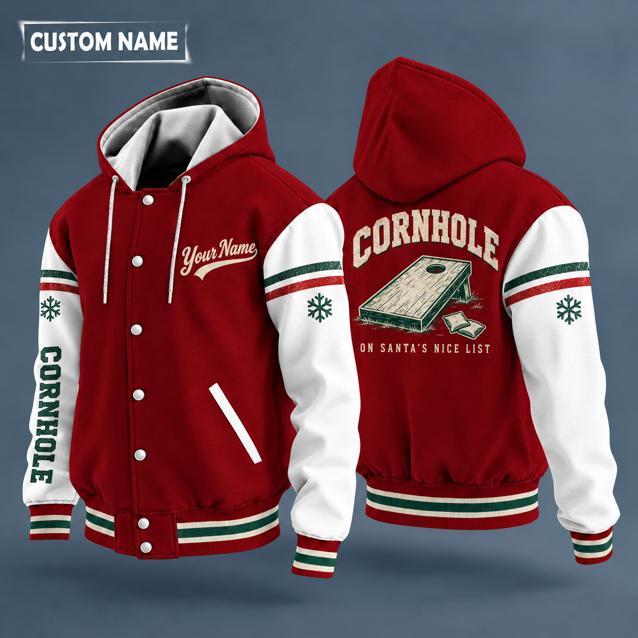 Hooded letterman jacket with white sleeves, snowflake and cornhole board on the back, "CORNHOLE" lettering and a custom name in script on the chest
