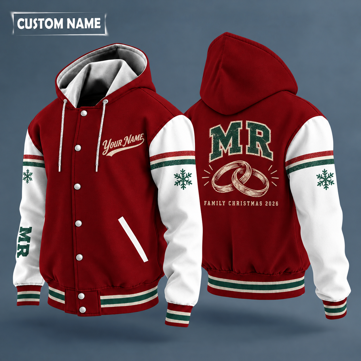 Hooded letterman jacket with white sleeves, snowflake and interlocked rings on the back, "MR" lettering and a custom name in script on the chest