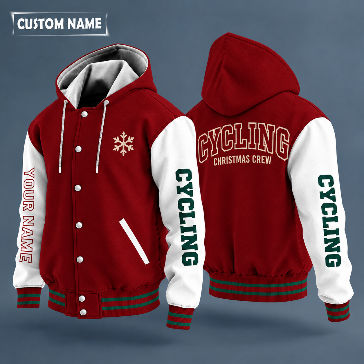 Hooded letterman jacket with white sleeves, snowflake and road bike on the back, "CYCLING" lettering and a custom name down one sleeve in outlined capitals