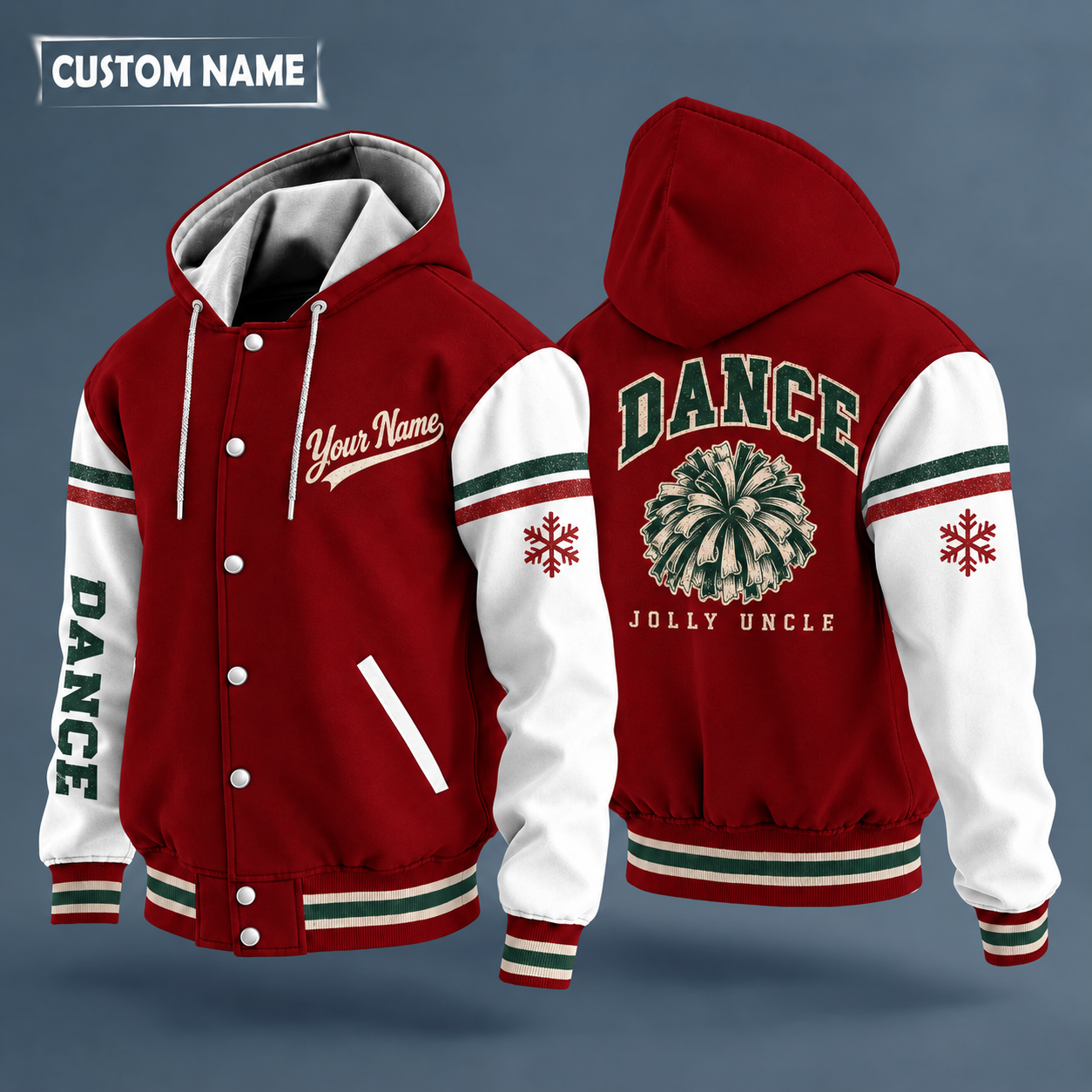 Hooded letterman jacket with white sleeves, snowflake and pom pom on the back, "DANCE" lettering and a custom name in script on the chest