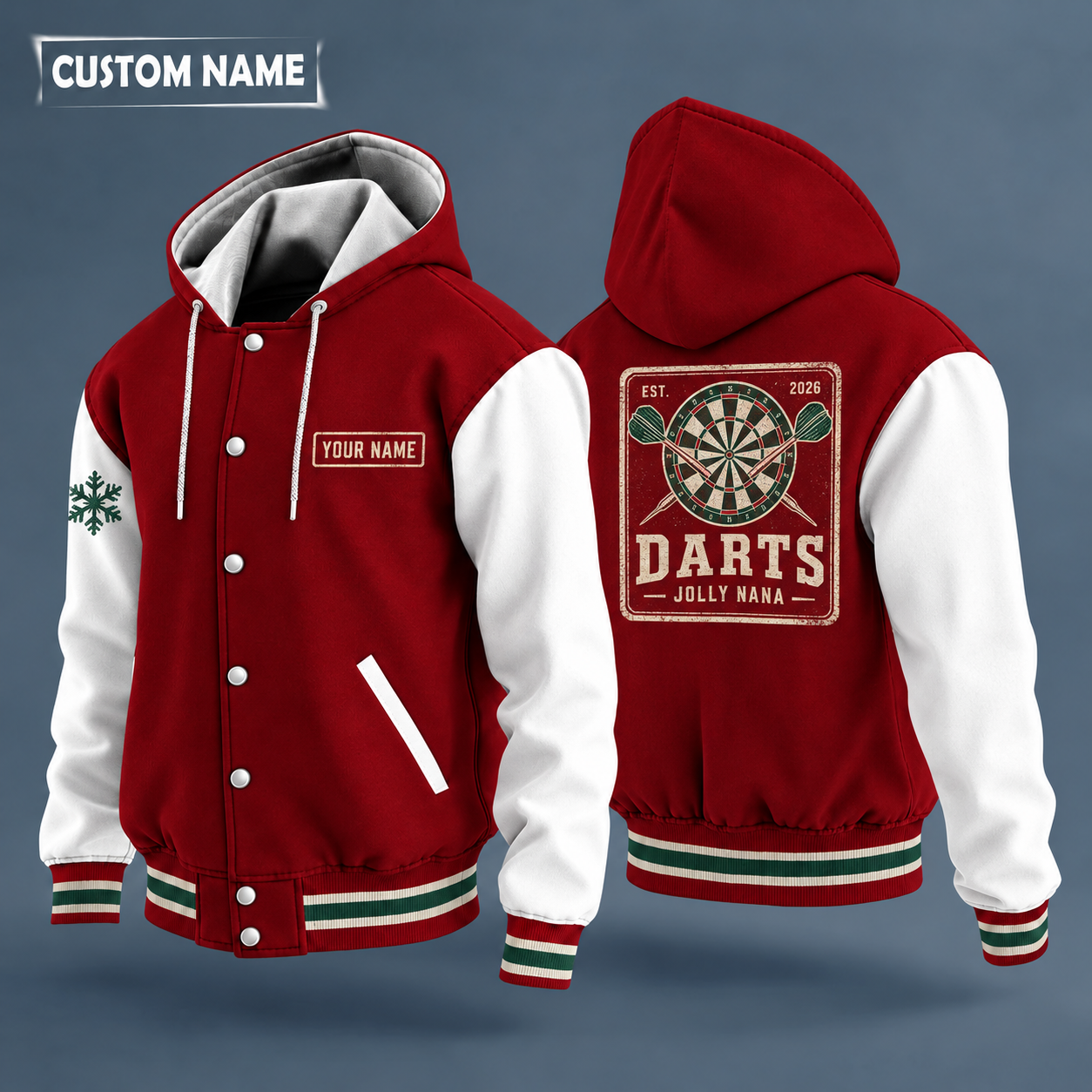 Hooded letterman jacket with white sleeves, snowflake and dartboard on the back, "DARTS" lettering and a custom name on a work-shirt style name tag print on the chest