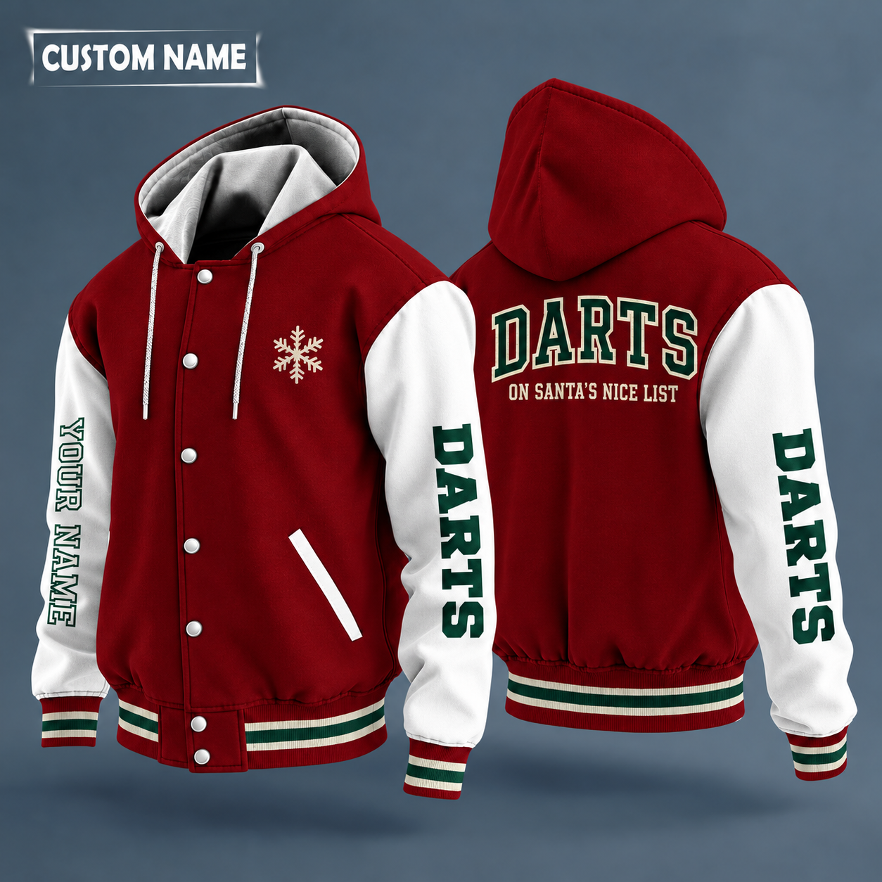 Hooded letterman jacket with white sleeves, snowflake and dartboard on the back, "DARTS" lettering and a custom name down one sleeve in outlined capitals