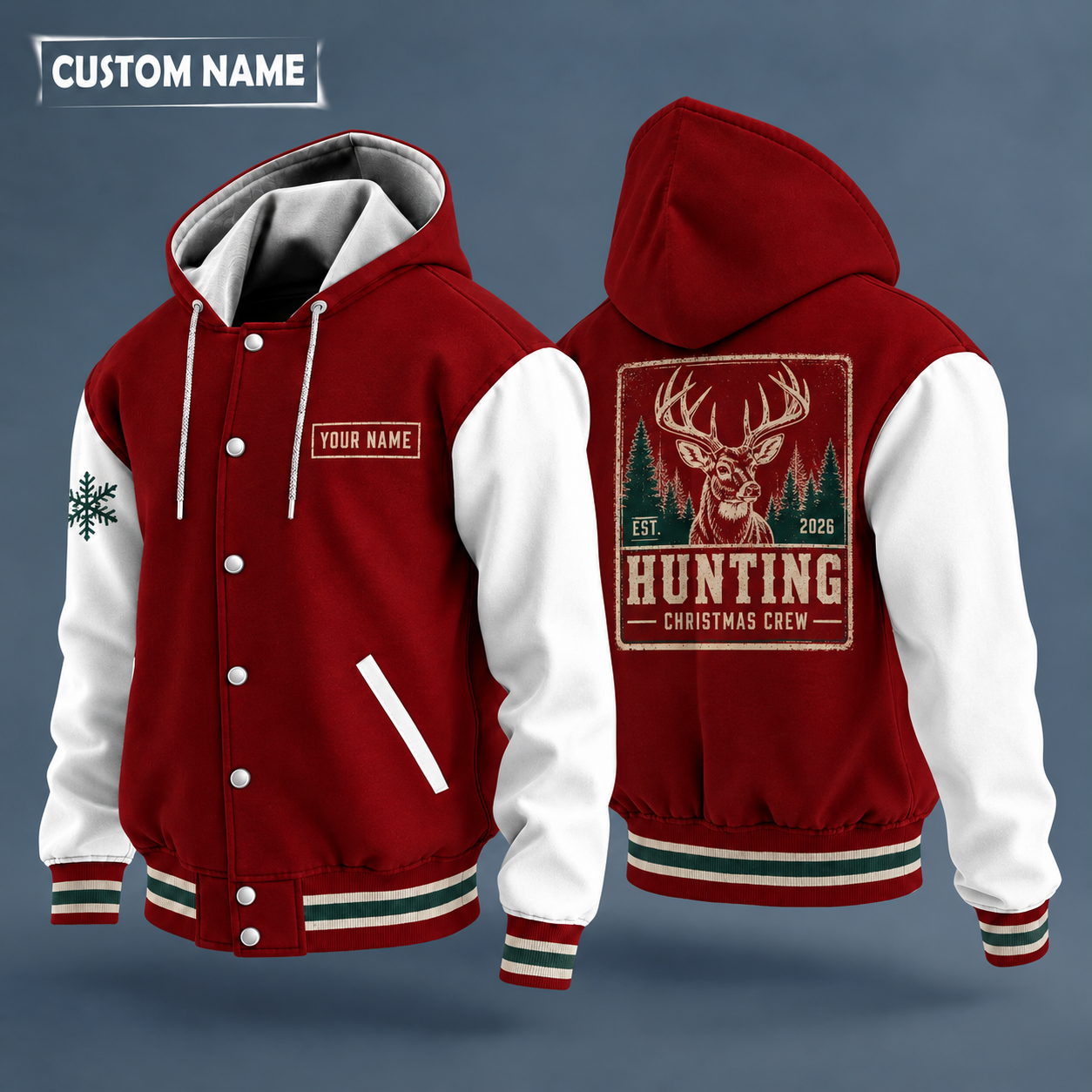 Hooded letterman jacket with white sleeves, snowflake and whitetail buck head on the back, "HUNTING" lettering and a custom name on a work-shirt style name tag print on the chest