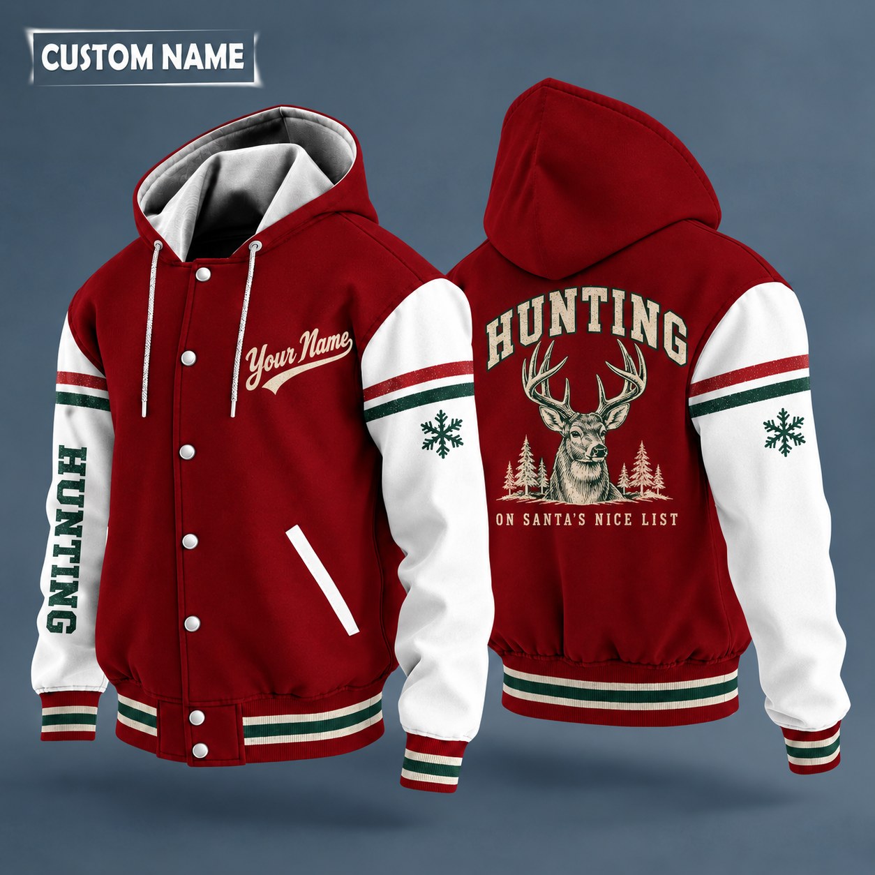 Hooded letterman jacket with white sleeves, snowflake and whitetail buck head on the back, "HUNTING" lettering and a custom name in script on the chest