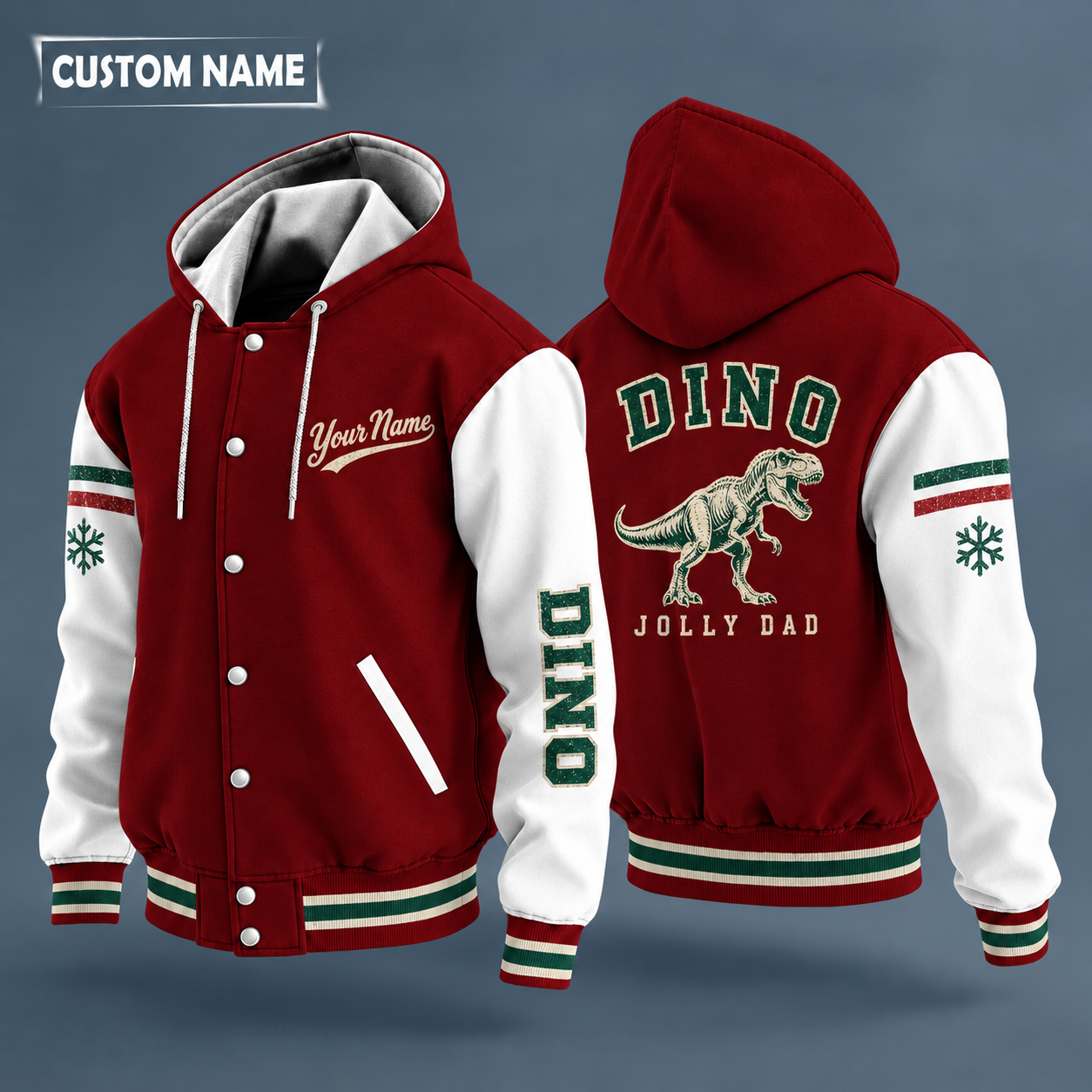 Hooded letterman jacket with white sleeves, snowflake and t-rex on the back, "DINO" lettering and a custom name in script on the chest