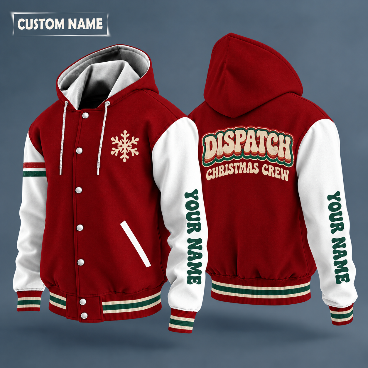 Hooded letterman jacket with white sleeves, snowflake and headset on the back, "DISPATCH" lettering and a custom name down one sleeve in a retro font