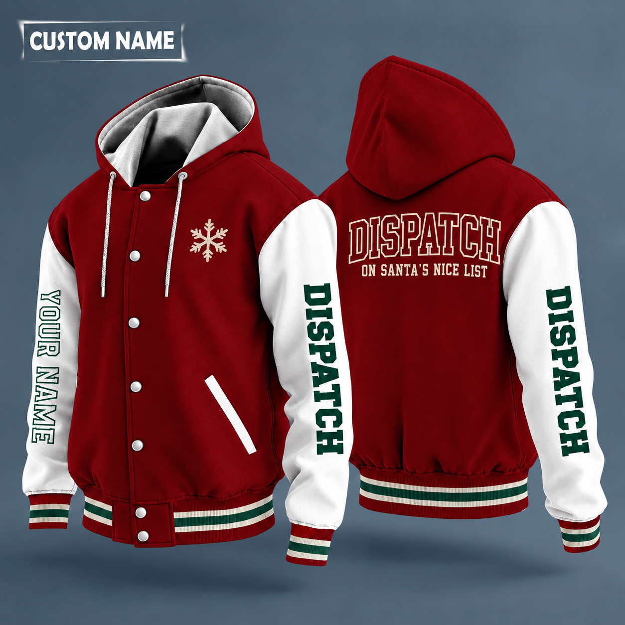 Hooded letterman jacket with white sleeves, snowflake and headset on the back, "DISPATCH" lettering and a custom name down one sleeve in outlined capitals