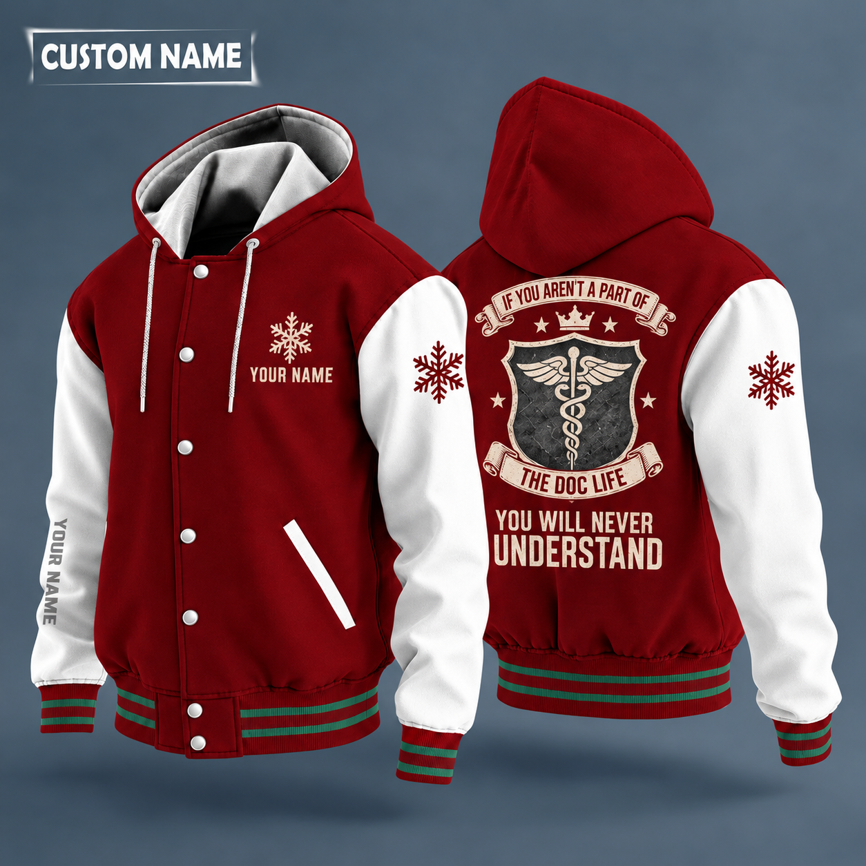 Hooded letterman jacket with white sleeves, snowflake and caduceus on the back, "DOC" lettering and a custom name on the chest under a small icon