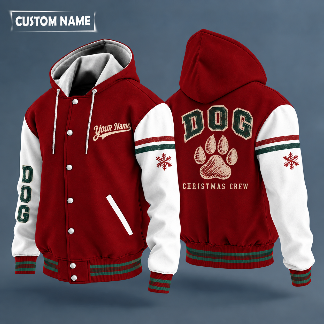 Hooded letterman jacket with white sleeves, snowflake and paw print on the back, "DOG" lettering and a custom name in script on the chest