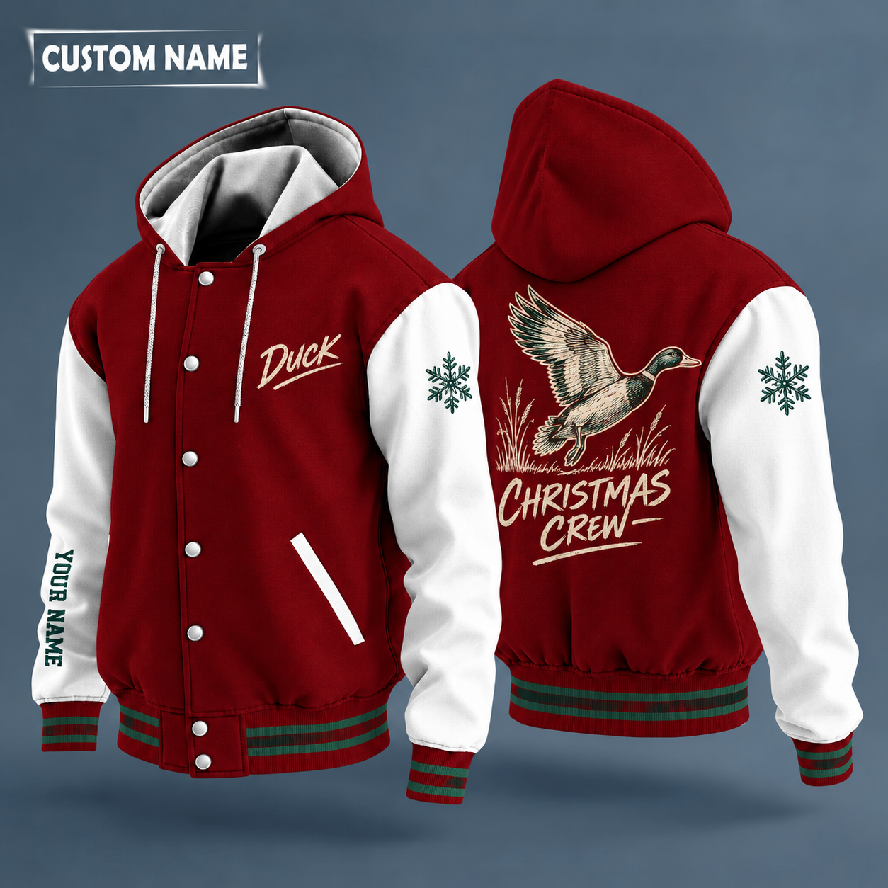 Hooded letterman jacket with white sleeves, snowflake and mallard in flight on the back, "DUCK" lettering and a custom name down one sleeve