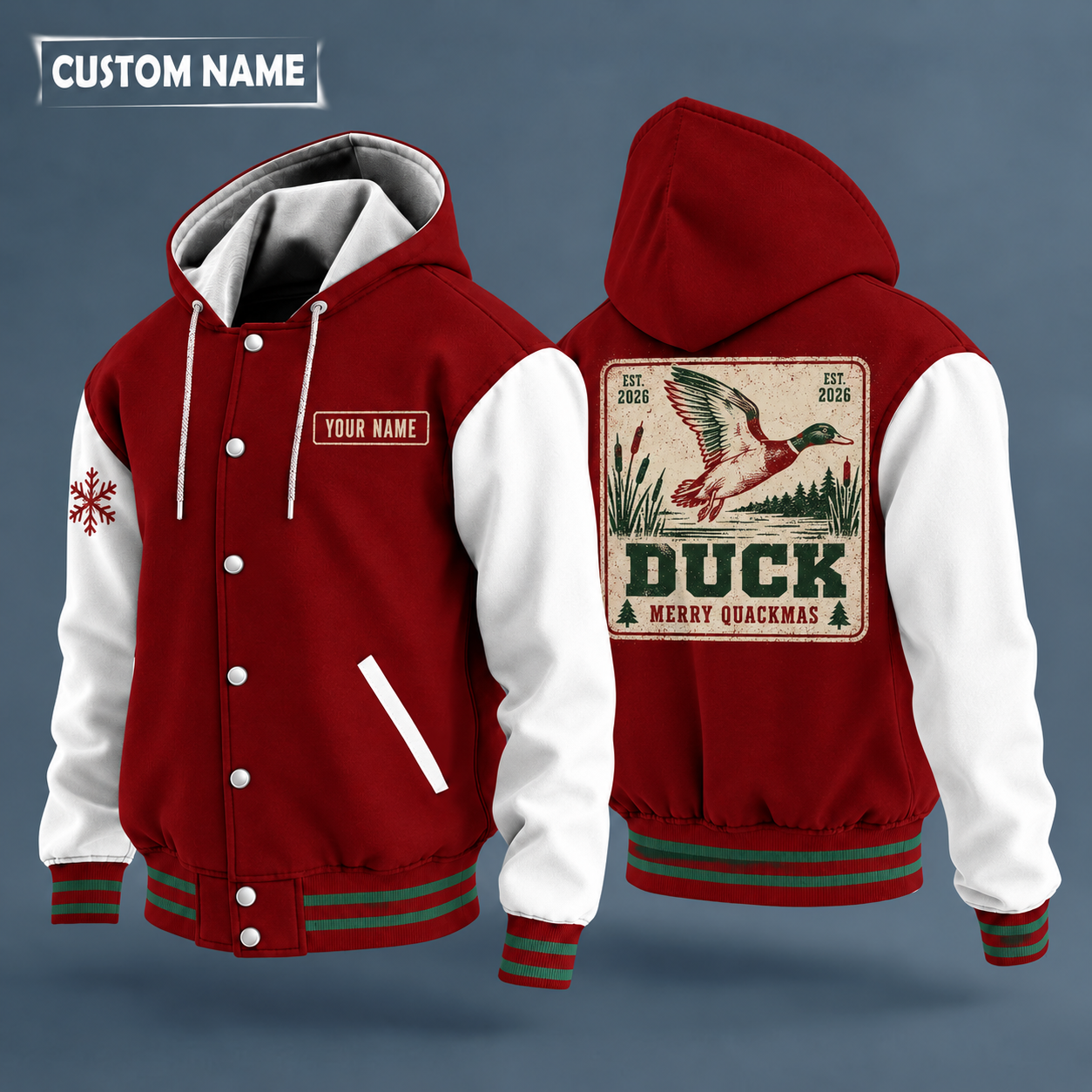 Hooded letterman jacket with white sleeves, snowflake and mallard in flight on the back, "DUCK" lettering and a custom name on a work-shirt style name tag print on the chest