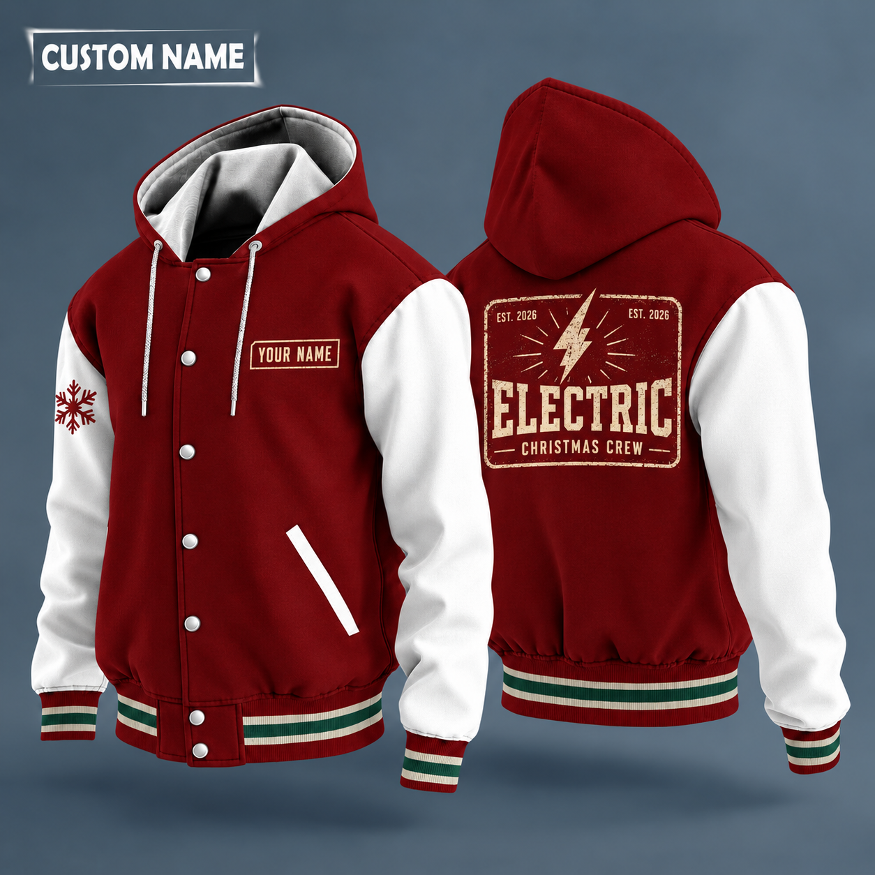 Hooded letterman jacket with white sleeves, snowflake and lightning bolt on the back, "ELECTRIC" lettering and a custom name on a work-shirt style name tag print on the chest
