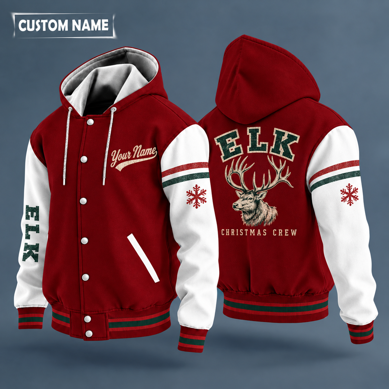 Hooded letterman jacket with white sleeves, snowflake and bull elk head on the back, "ELK" lettering and a custom name in script on the chest