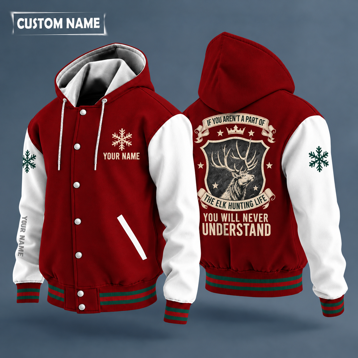 Hooded letterman jacket with white sleeves, snowflake and bull elk head on the back, "ELK" lettering and a custom name on the chest under a small icon