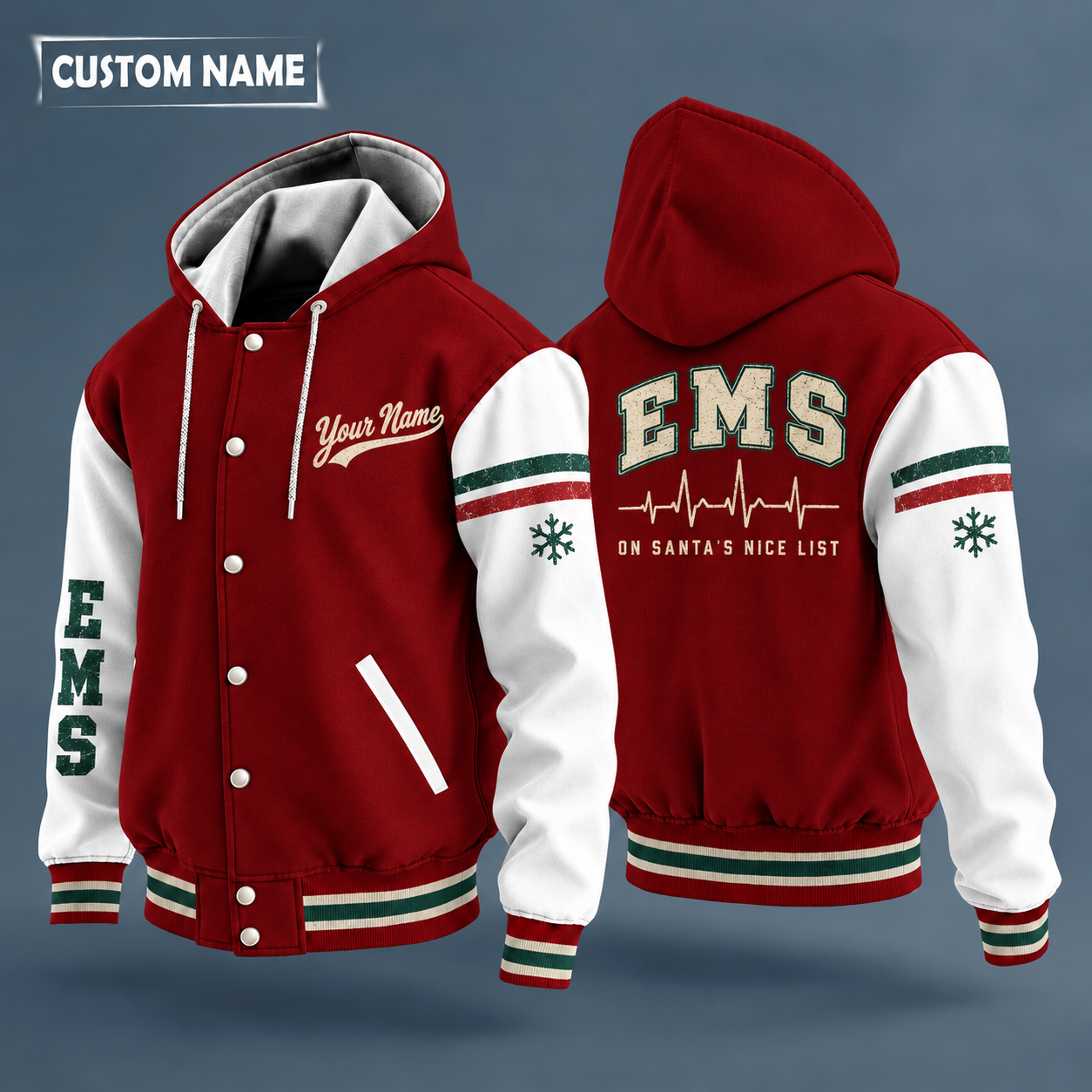 Hooded letterman jacket with white sleeves, snowflake and heartbeat line on the back, "EMS" lettering and a custom name in script on the chest