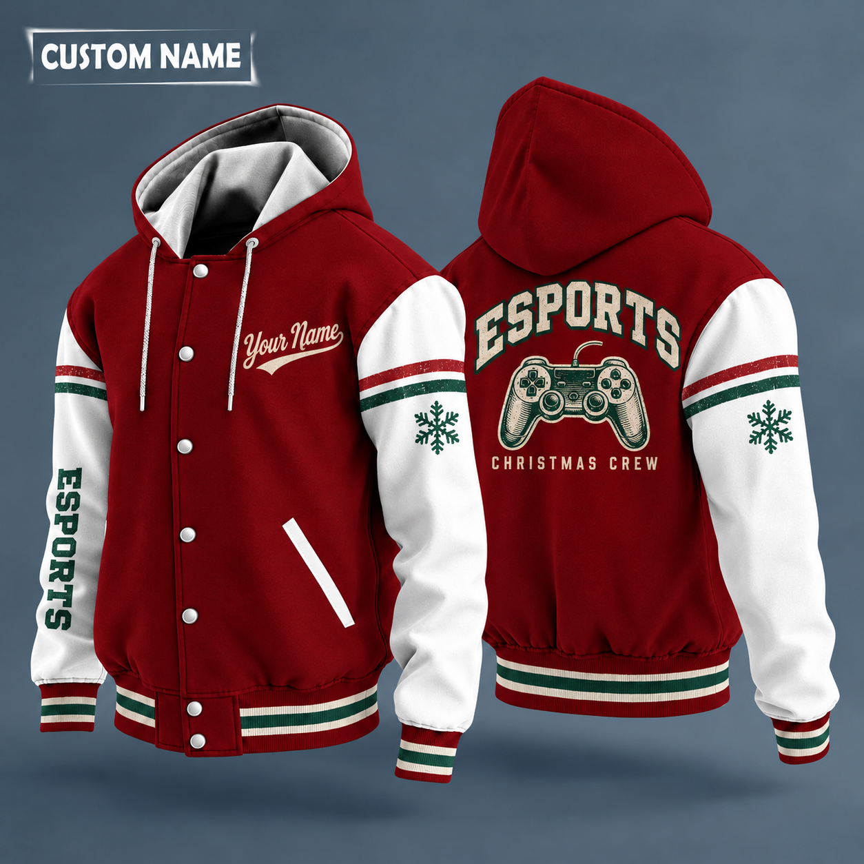 Hooded letterman jacket with white sleeves, snowflake and controller on the back, "ESPORTS" lettering and a custom name in script on the chest