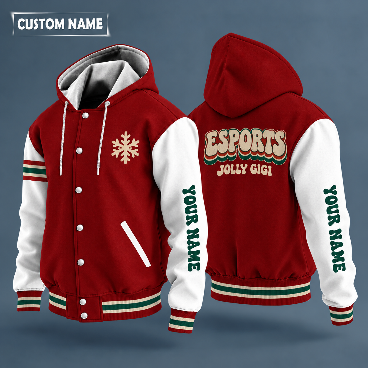 Hooded letterman jacket with white sleeves, snowflake and controller on the back, "ESPORTS" lettering and a custom name down one sleeve in a retro font