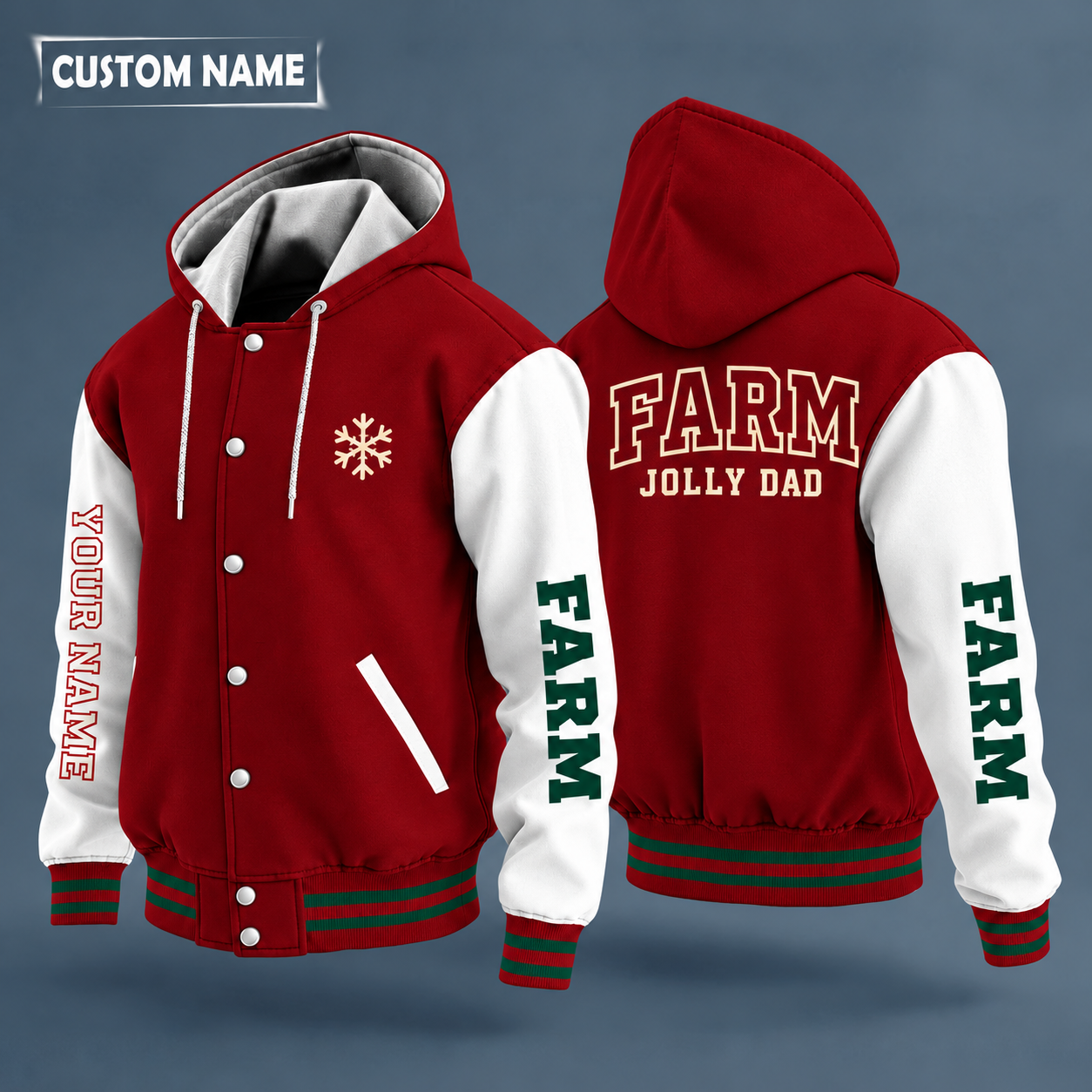 Hooded letterman jacket with white sleeves, snowflake and tractor on the back, "FARM" lettering and a custom name down one sleeve in outlined capitals