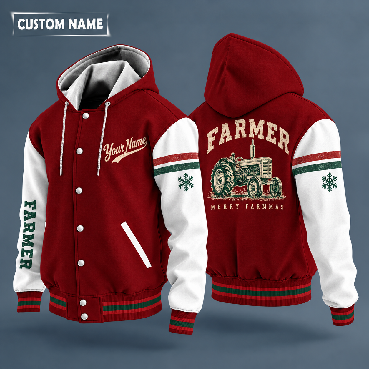Hooded letterman jacket with white sleeves, snowflake and tractor on the back, "FARMER" lettering and a custom name in script on the chest