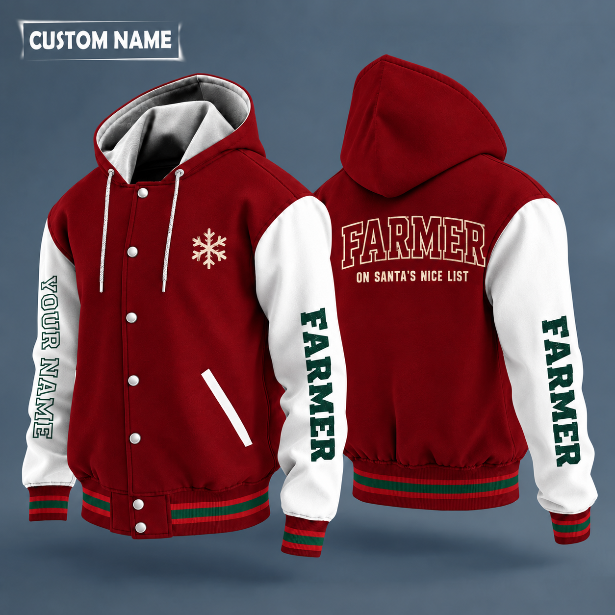 Hooded letterman jacket with white sleeves, snowflake and tractor on the back, "FARMER" lettering and a custom name down one sleeve in outlined capitals