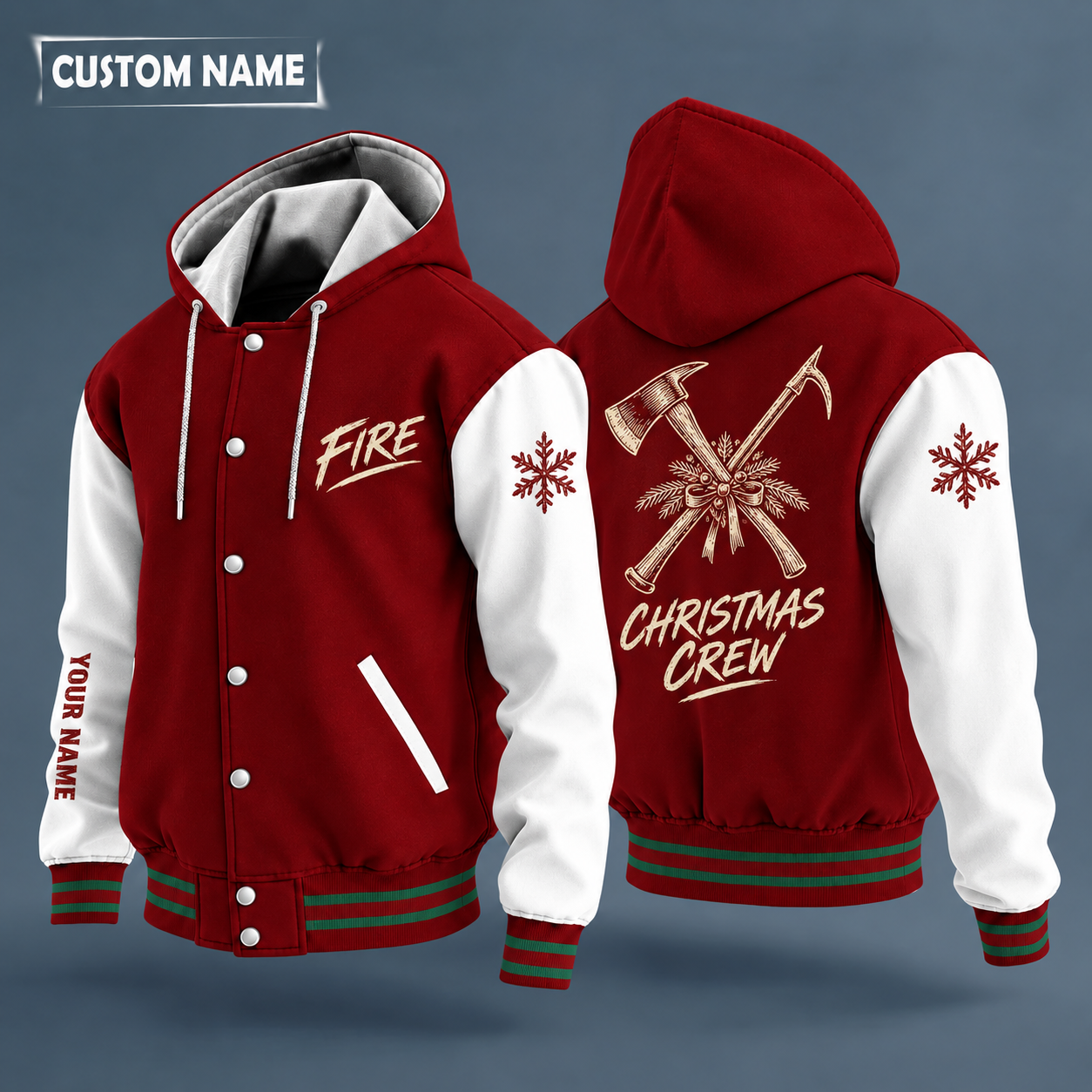 Hooded letterman jacket with white sleeves, snowflake and fire axe and pike crossed on the back, "FIRE" lettering and a custom name down one sleeve