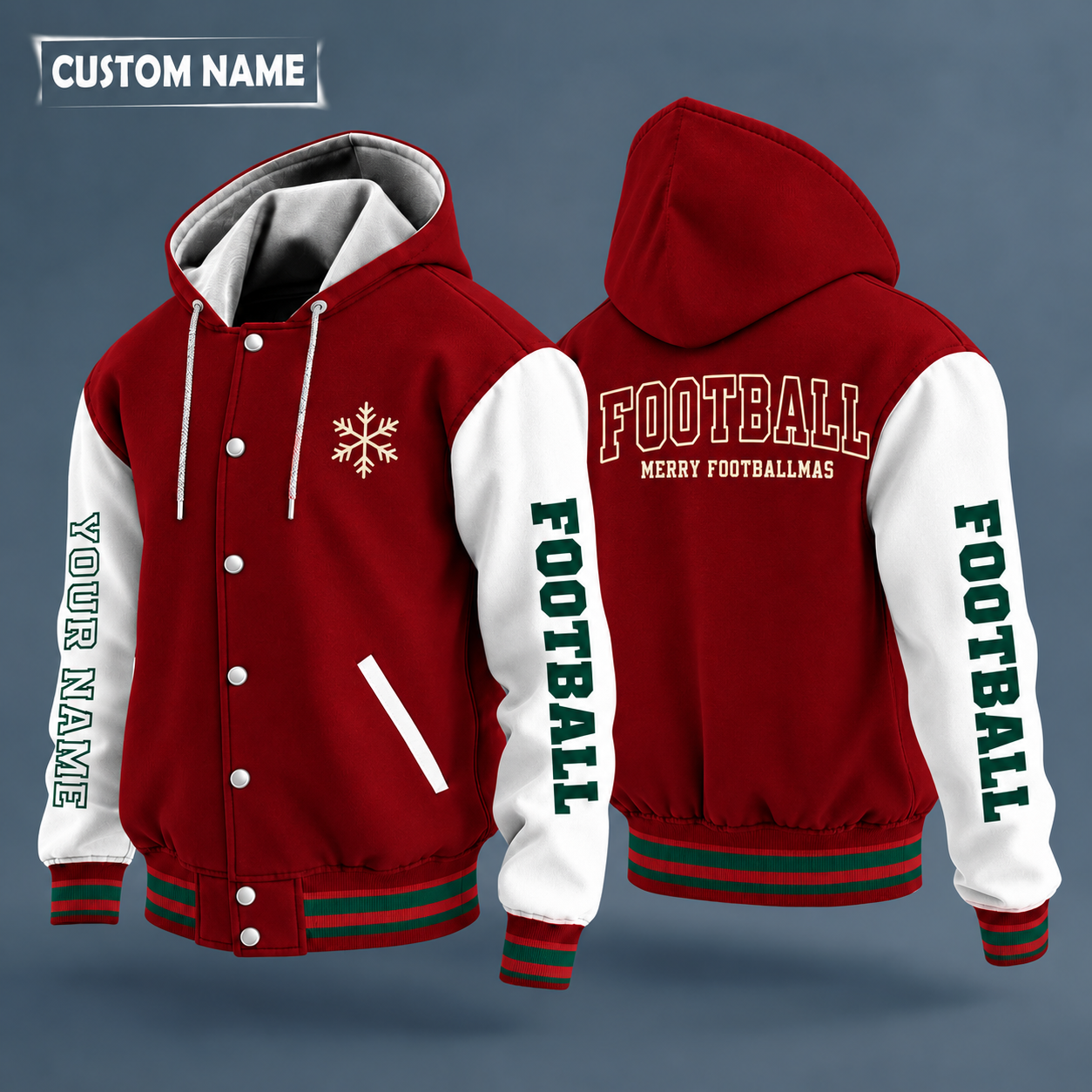 Hooded letterman jacket with white sleeves, snowflake and american football on the back, "FOOTBALL" lettering and a custom name down one sleeve in outlined capitals
