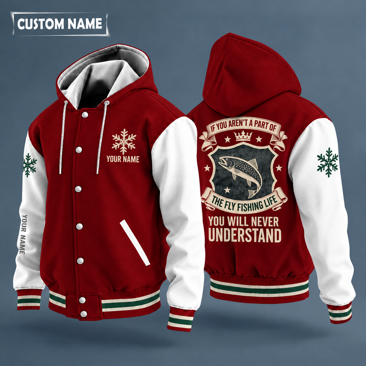Hooded letterman jacket with white sleeves, snowflake and trout on the back, "FLY" lettering and a custom name on the chest under a small icon