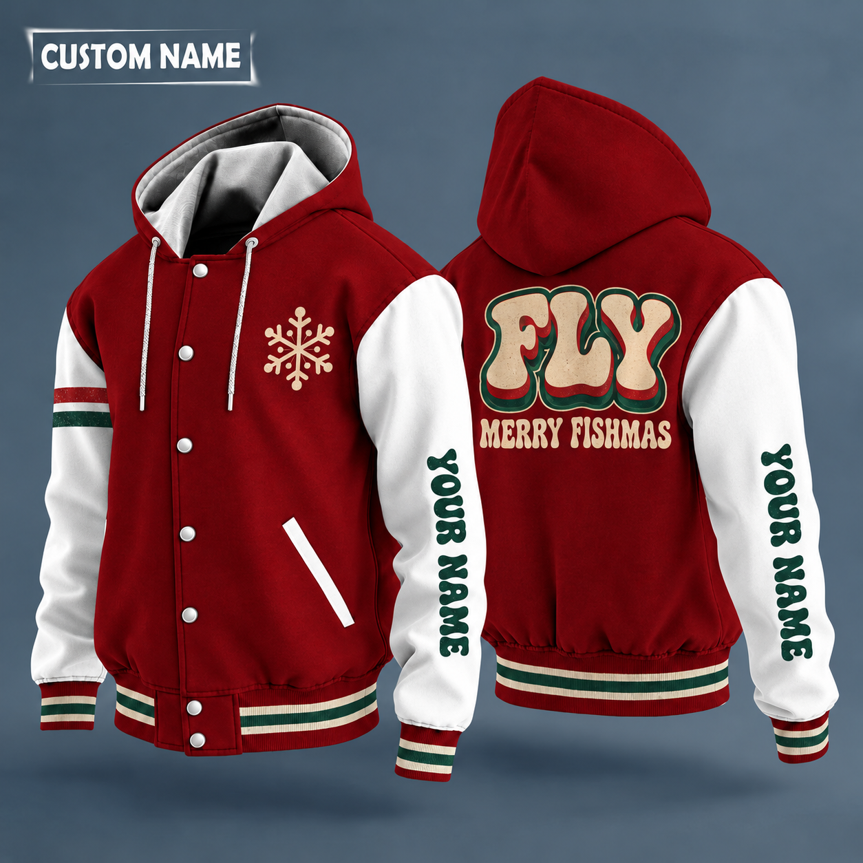 Hooded letterman jacket with white sleeves, snowflake and trout on the back, "FLY" lettering and a custom name down one sleeve in a retro font
