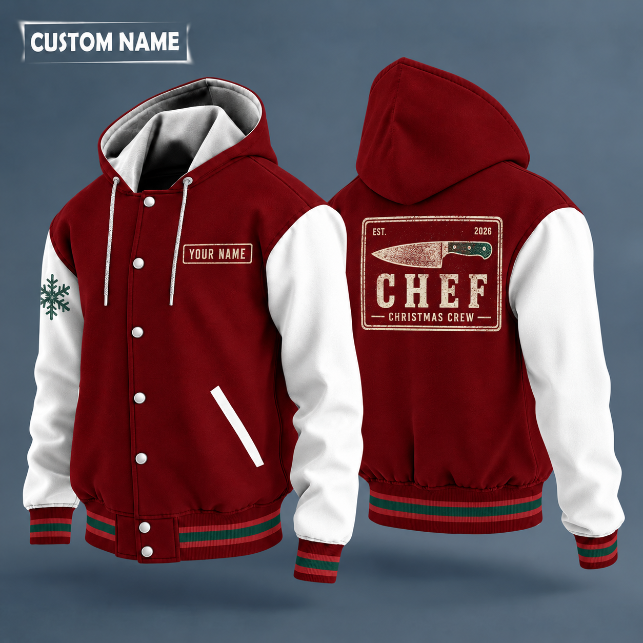 Hooded letterman jacket with white sleeves, snowflake and chef knife on the back, "CHEF" lettering and a custom name on a work-shirt style name tag print on the chest