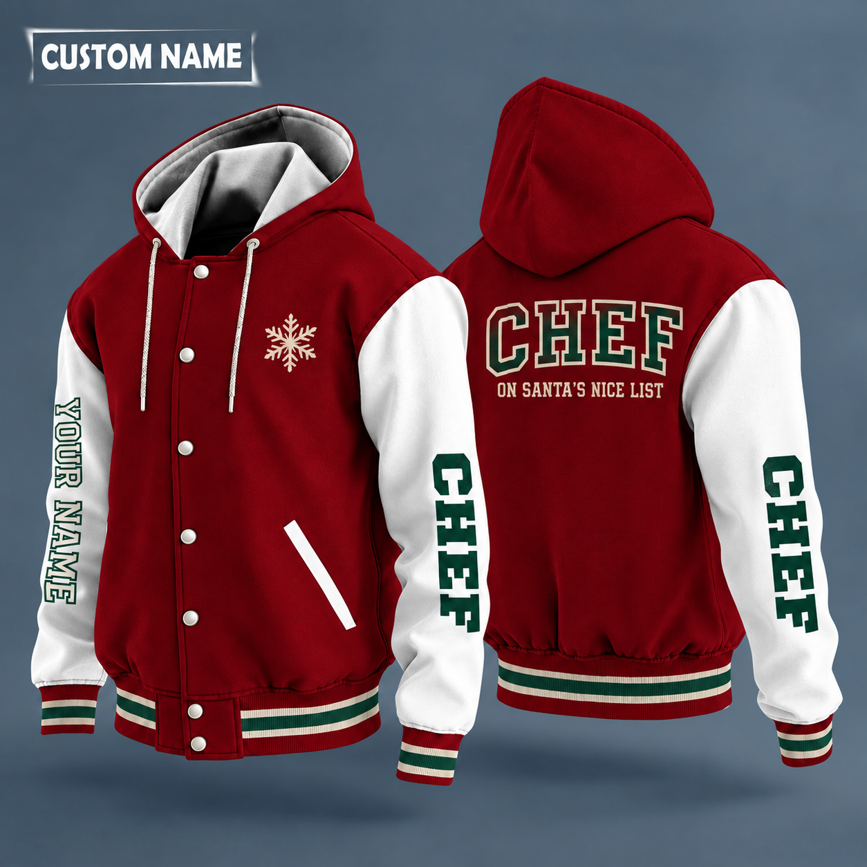 Hooded letterman jacket with white sleeves, snowflake and chef knife on the back, "CHEF" lettering and a custom name down one sleeve in outlined capitals