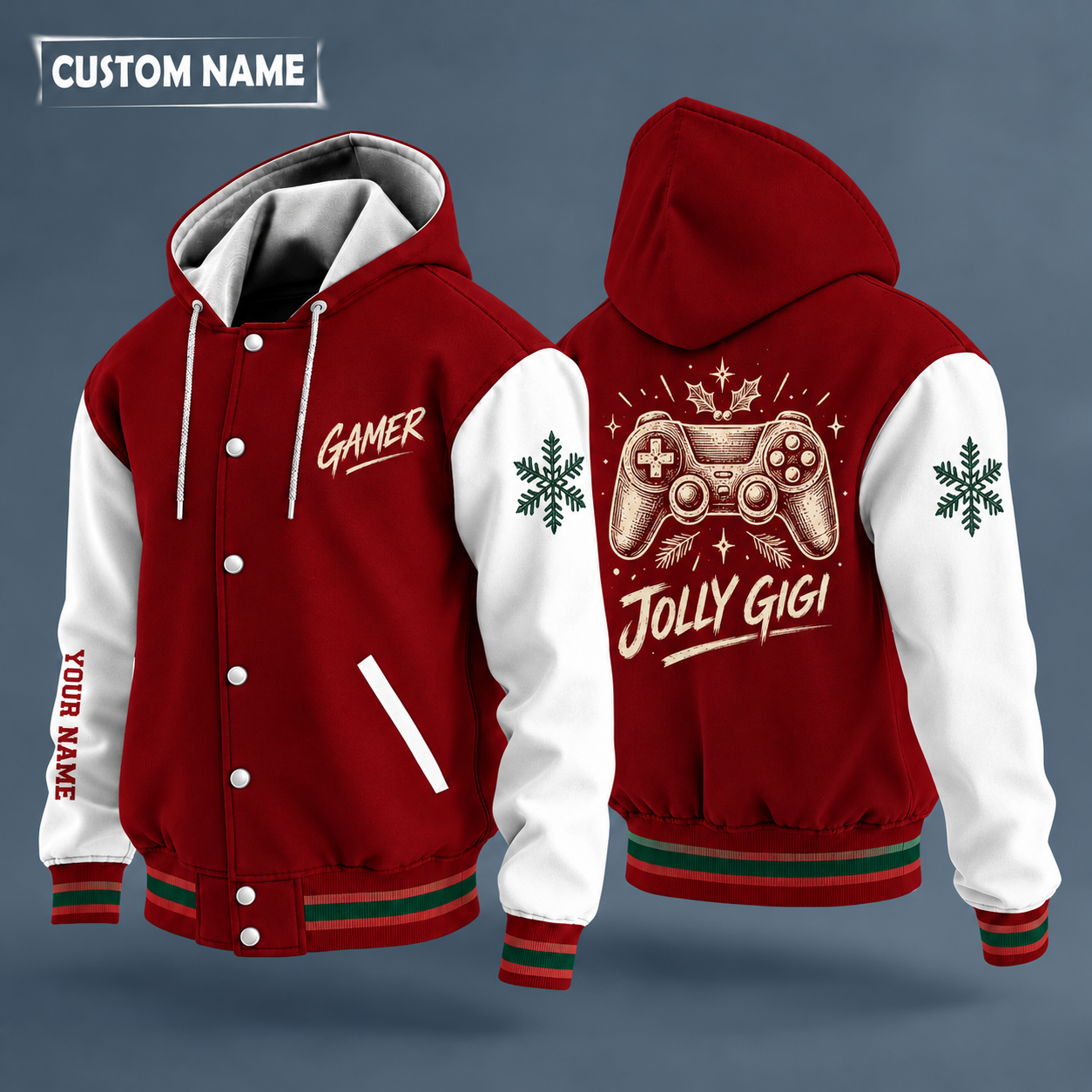 Hooded letterman jacket with white sleeves, snowflake and game controller on the back, "GAMER" lettering and a custom name down one sleeve