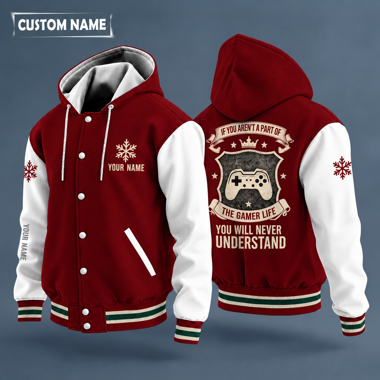 Hooded letterman jacket with white sleeves, snowflake and game controller on the back, "GAMER" lettering and a custom name on the chest under a small icon
