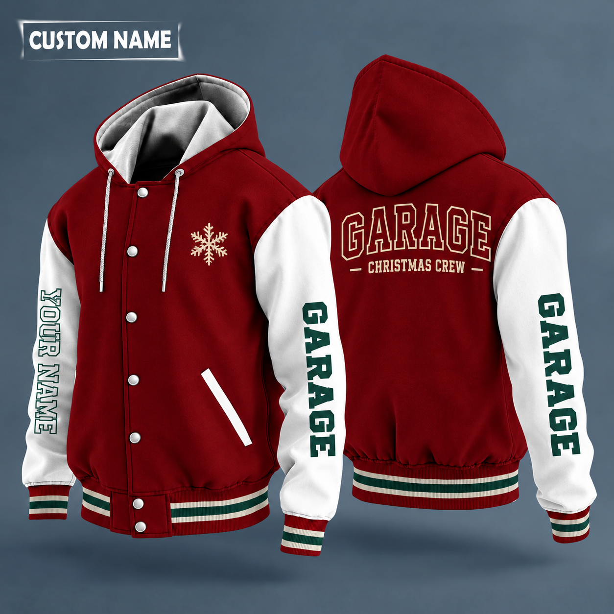 Hooded letterman jacket with white sleeves, snowflake and crossed wrenches on the back, "GARAGE" lettering and a custom name down one sleeve in outlined capitals