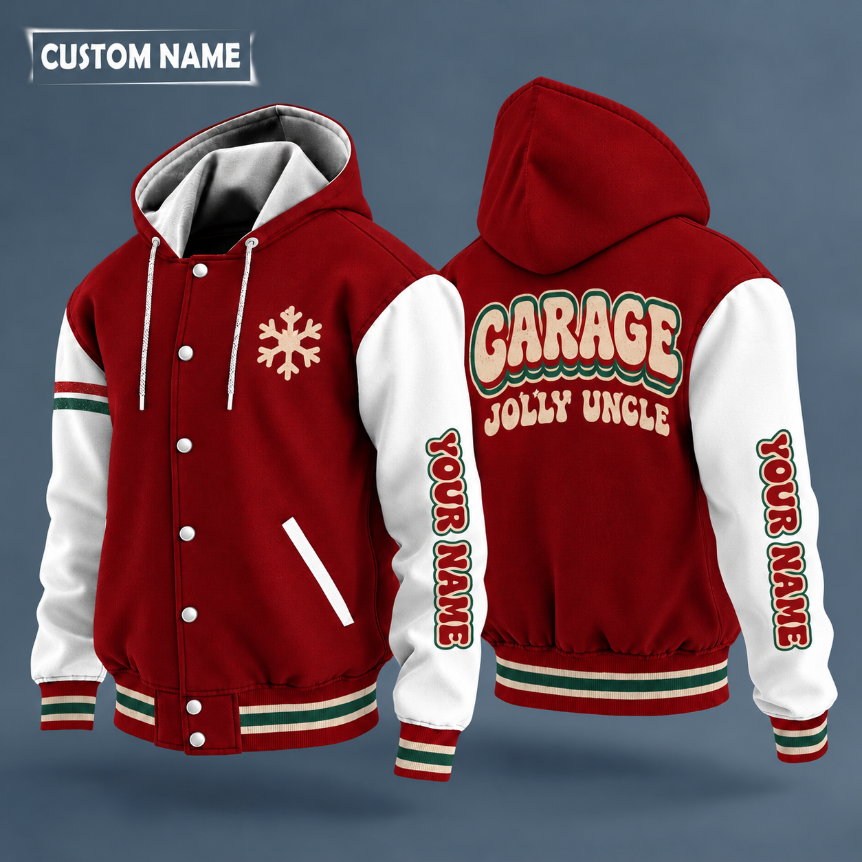 Hooded letterman jacket with white sleeves, snowflake and crossed wrenches on the back, "GARAGE" lettering and a custom name down one sleeve in a retro font