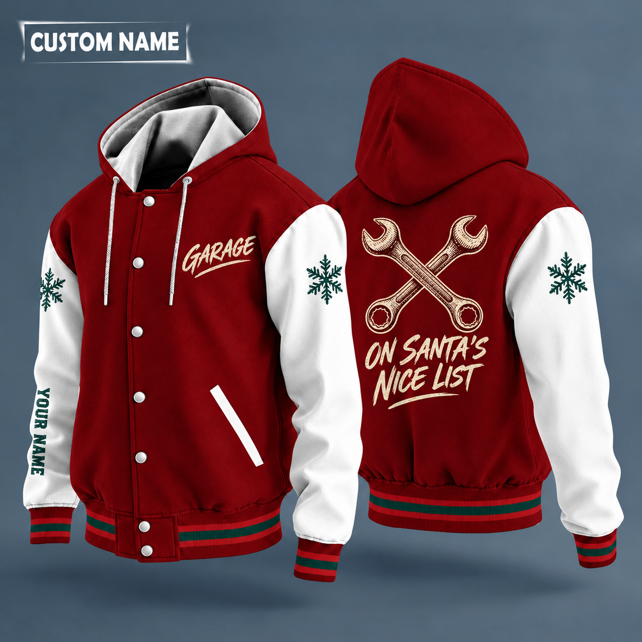 Hooded letterman jacket with white sleeves, snowflake and crossed wrenches on the back, "GARAGE" lettering and a custom name down one sleeve