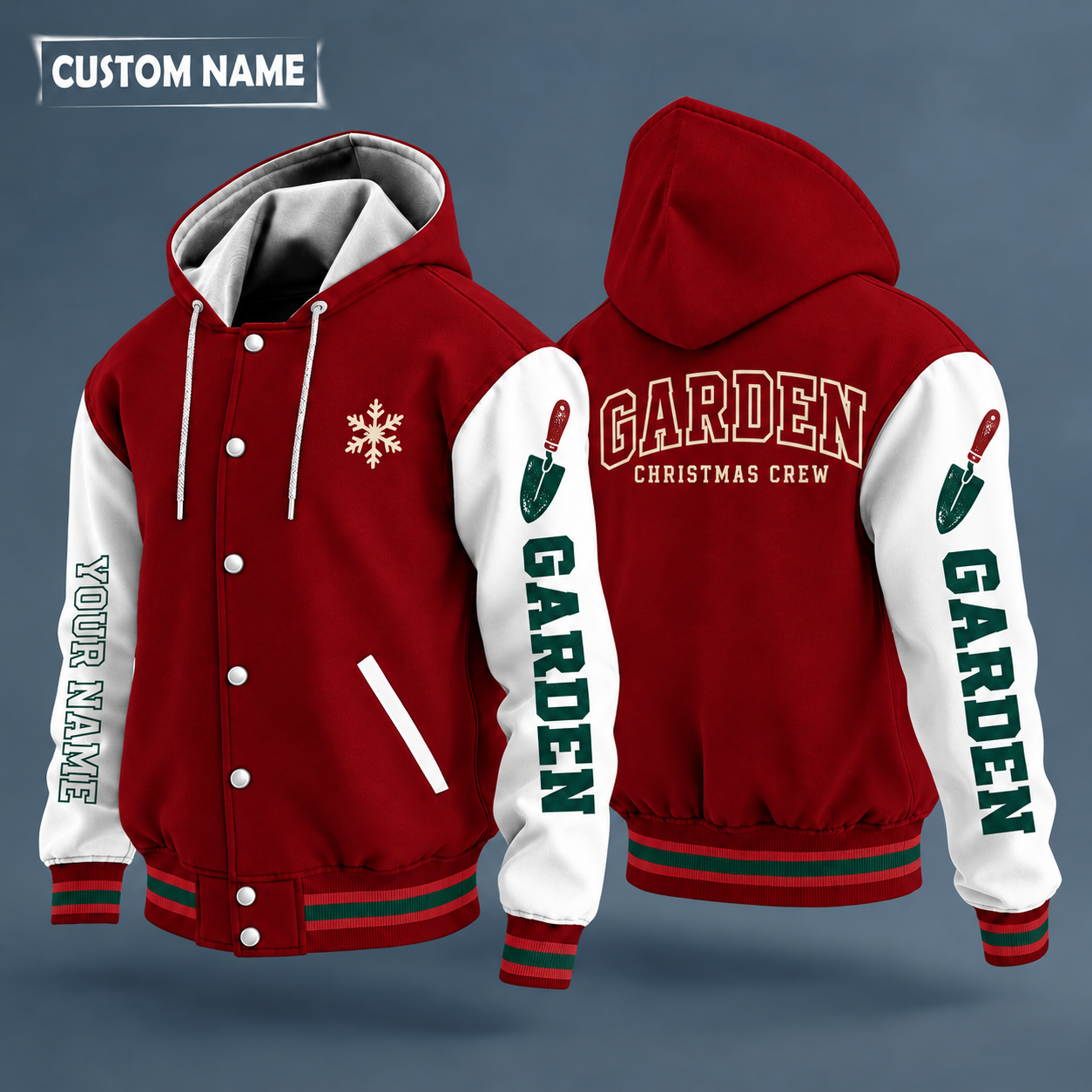 Hooded letterman jacket with white sleeves, snowflake and trowel on the back, "GARDEN" lettering and a custom name down one sleeve in outlined capitals
