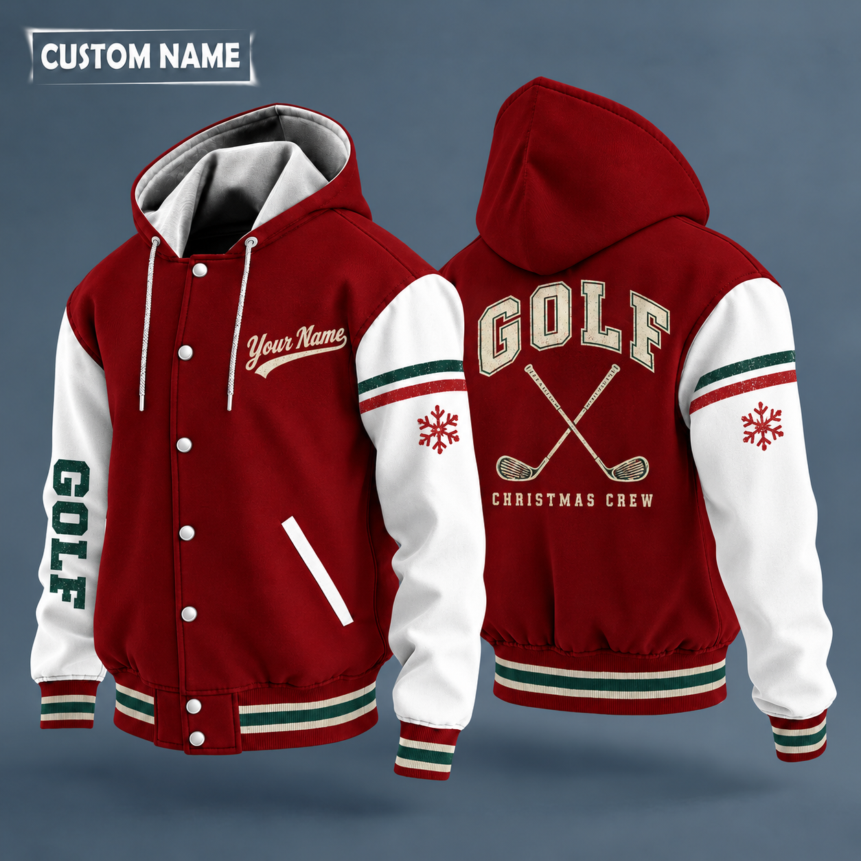 Hooded letterman jacket with white sleeves, snowflake and crossed golf clubs on the back, "GOLF" lettering and a custom name in script on the chest