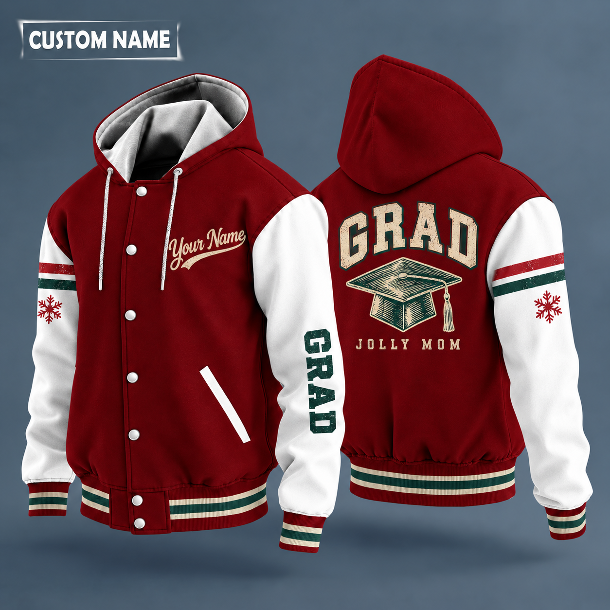 Hooded letterman jacket with white sleeves, snowflake and mortarboard cap on the back, "GRAD" lettering and a custom name in script on the chest
