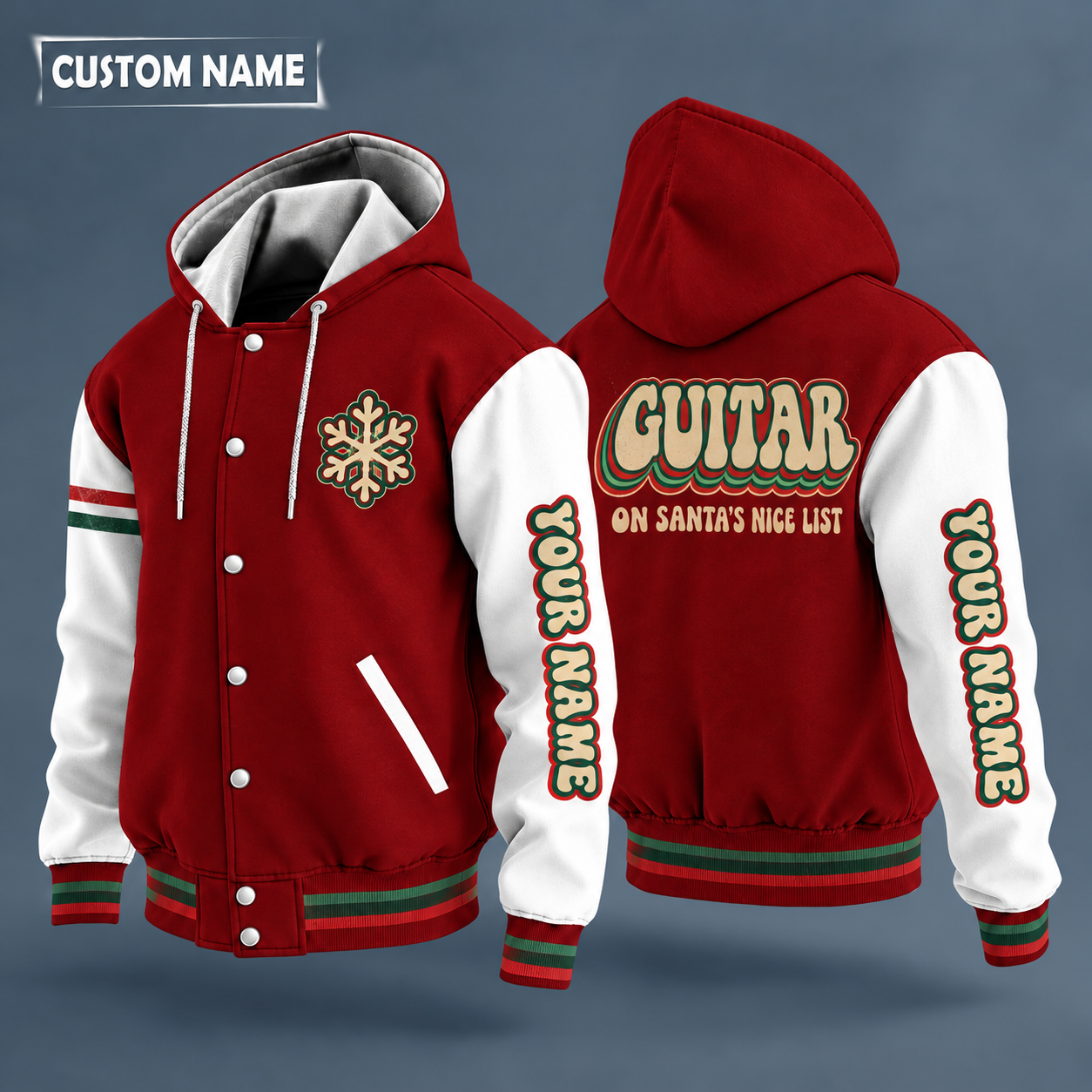 Hooded letterman jacket with white sleeves, snowflake and electric guitar on the back, "GUITAR" lettering and a custom name down one sleeve in a retro font