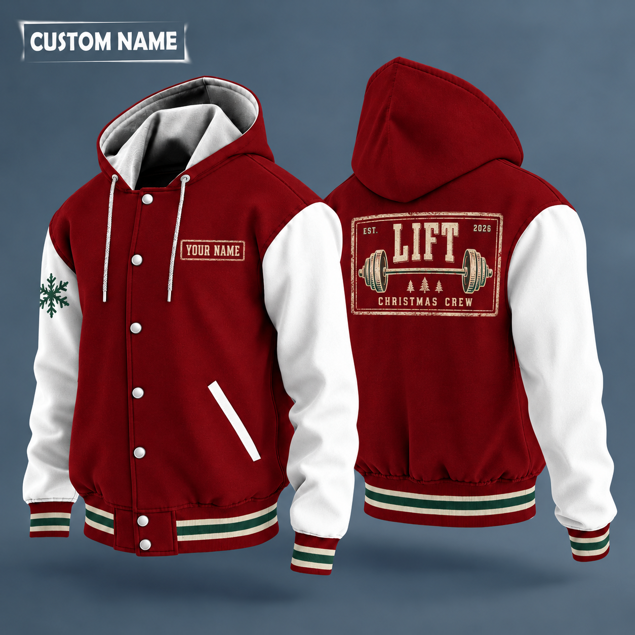 Hooded letterman jacket with white sleeves, snowflake and barbell on the back, "LIFT" lettering and a custom name on a work-shirt style name tag print on the chest