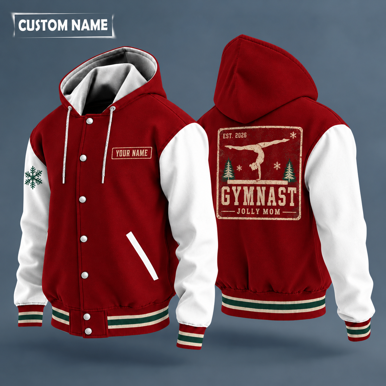 Hooded letterman jacket with white sleeves, snowflake and gymnast on the back, "GYMNAST" lettering and a custom name on a work-shirt style name tag print on the chest