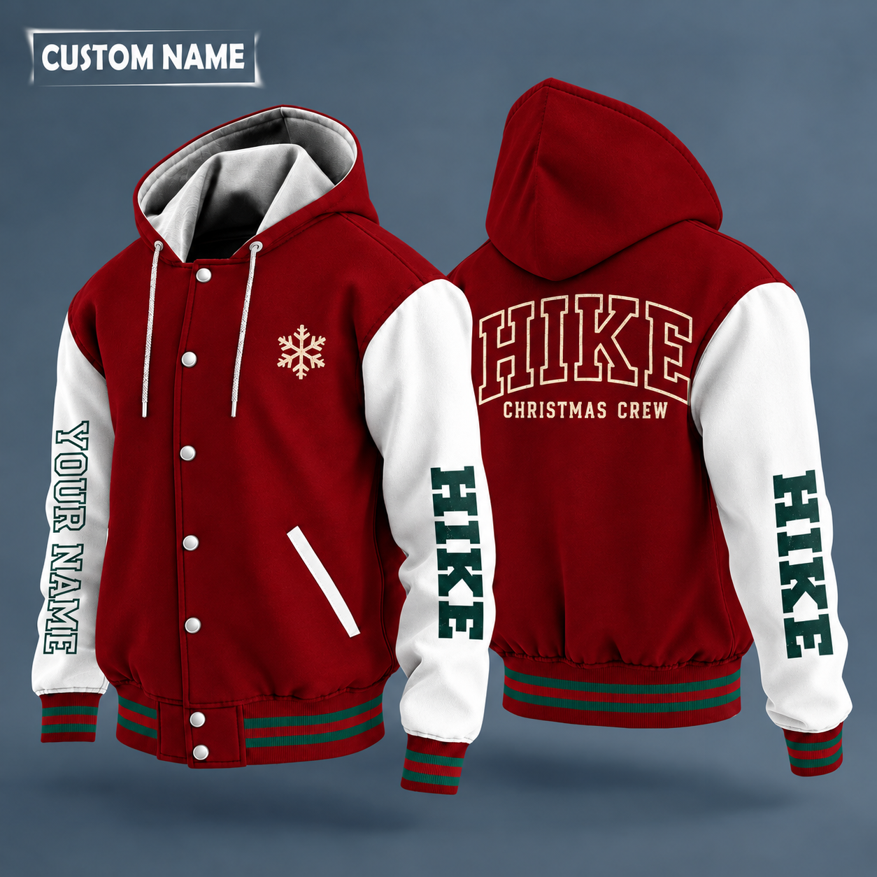 Hooded letterman jacket with white sleeves, snowflake and mountain peak on the back, "HIKE" lettering and a custom name down one sleeve in outlined capitals