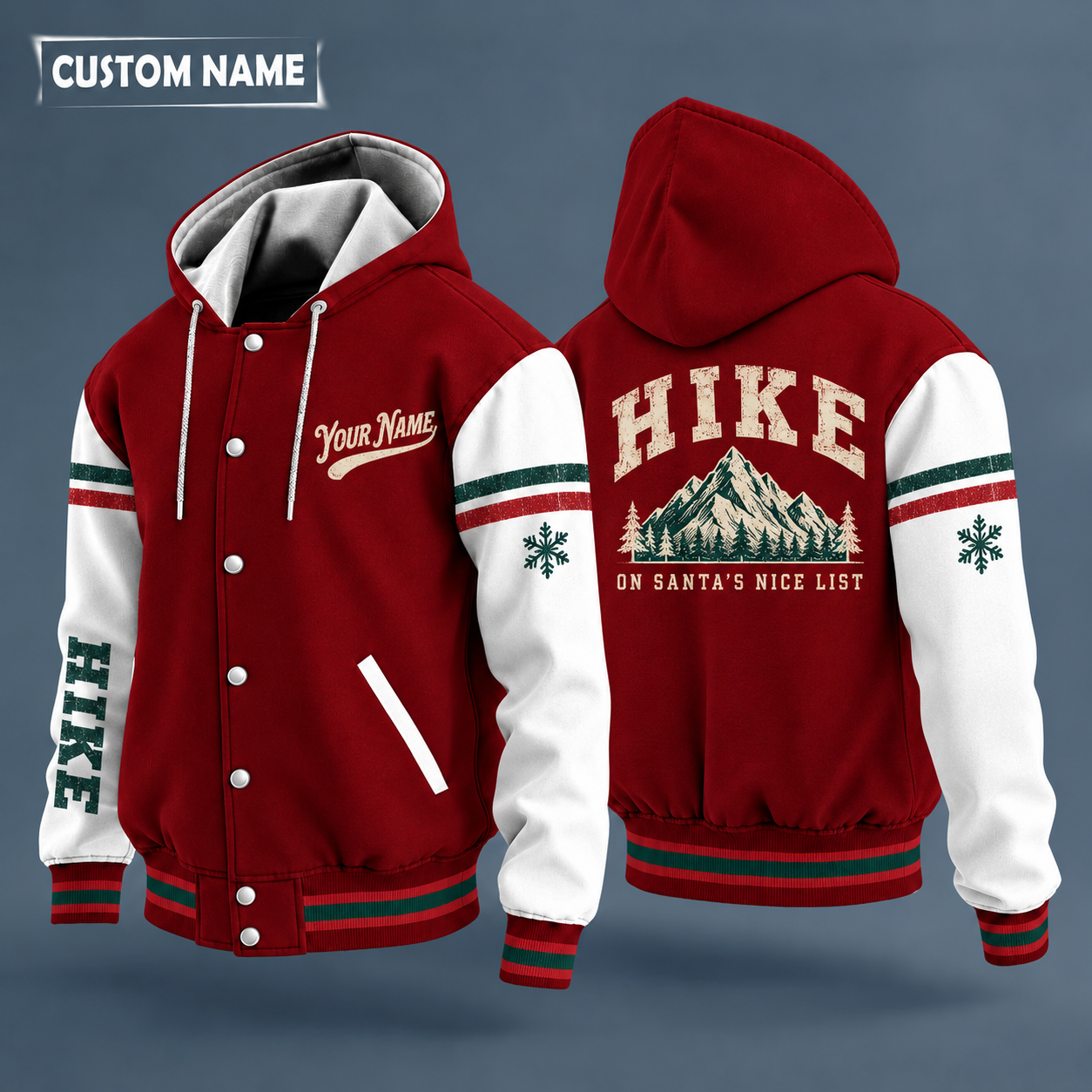 Hooded letterman jacket with white sleeves, snowflake and mountain peak on the back, "HIKE" lettering and a custom name in script on the chest