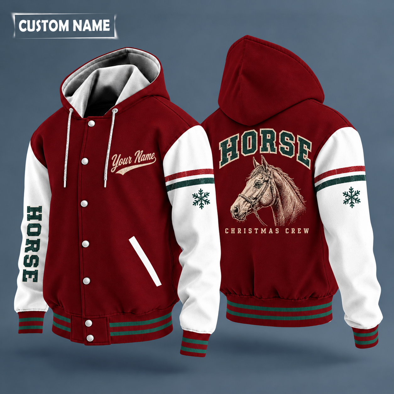 Hooded letterman jacket with white sleeves, snowflake and realistic side-view horse head in fine line art, calm, not a sports mascot on the back, "HORSE" lettering and a custom name in script on the chest
