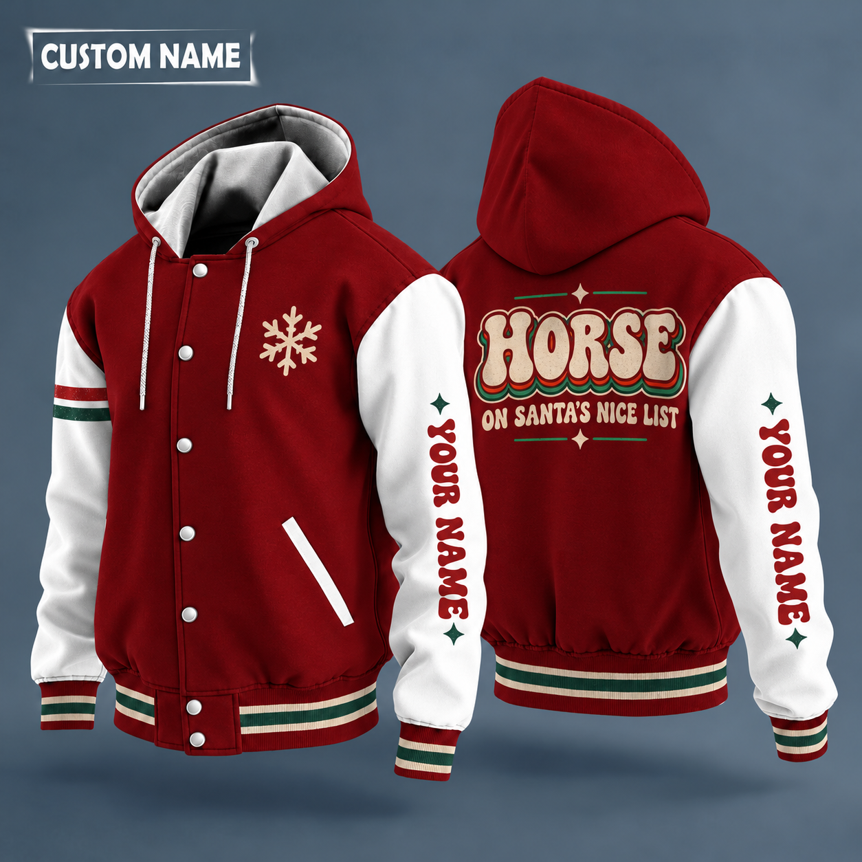 Hooded letterman jacket with white sleeves, snowflake and realistic side-view horse head in fine line art, calm, not a sports mascot on the back, "HORSE" lettering and a custom name down one sleeve in a retro font