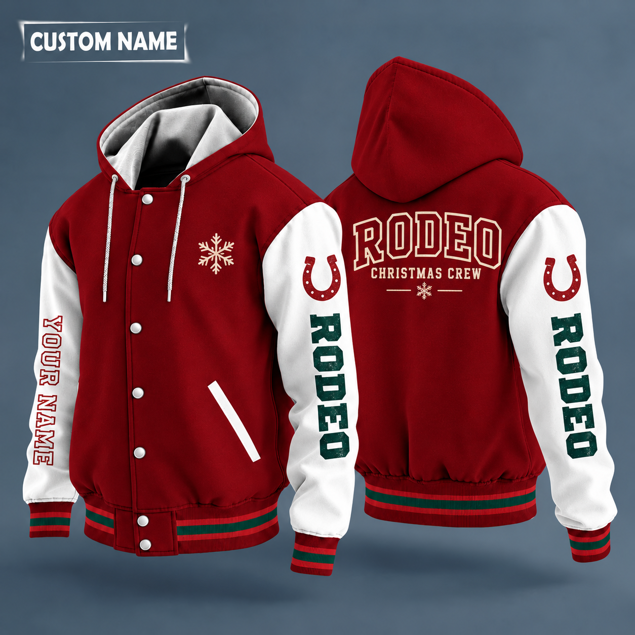Hooded letterman jacket with white sleeves, snowflake and horseshoe on the back, "RODEO" lettering and a custom name down one sleeve in outlined capitals