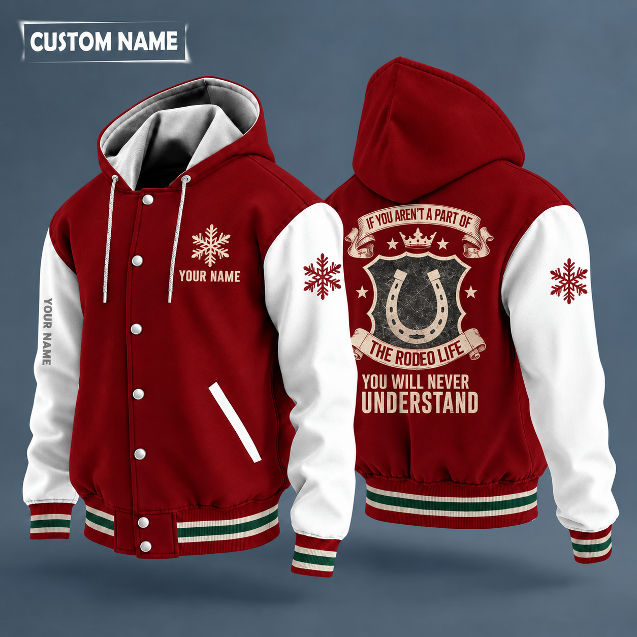 Hooded letterman jacket with white sleeves, snowflake and horseshoe on the back, "RODEO" lettering and a custom name on the chest under a small icon