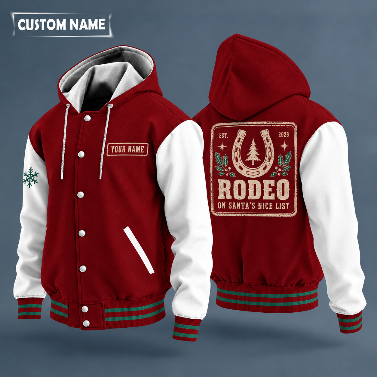Hooded letterman jacket with white sleeves, snowflake and horseshoe on the back, "RODEO" lettering and a custom name on a work-shirt style name tag print on the chest