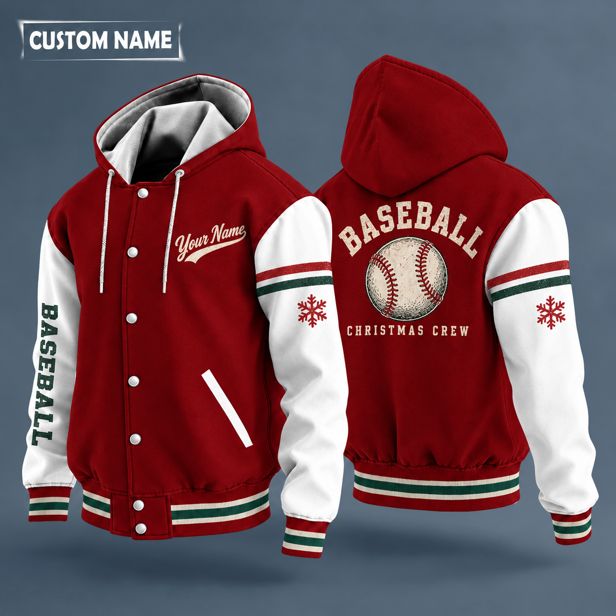 Hooded letterman jacket with white sleeves, snowflake and baseball with red stitches on the back, "BASEBALL" lettering and a custom name in script on the chest