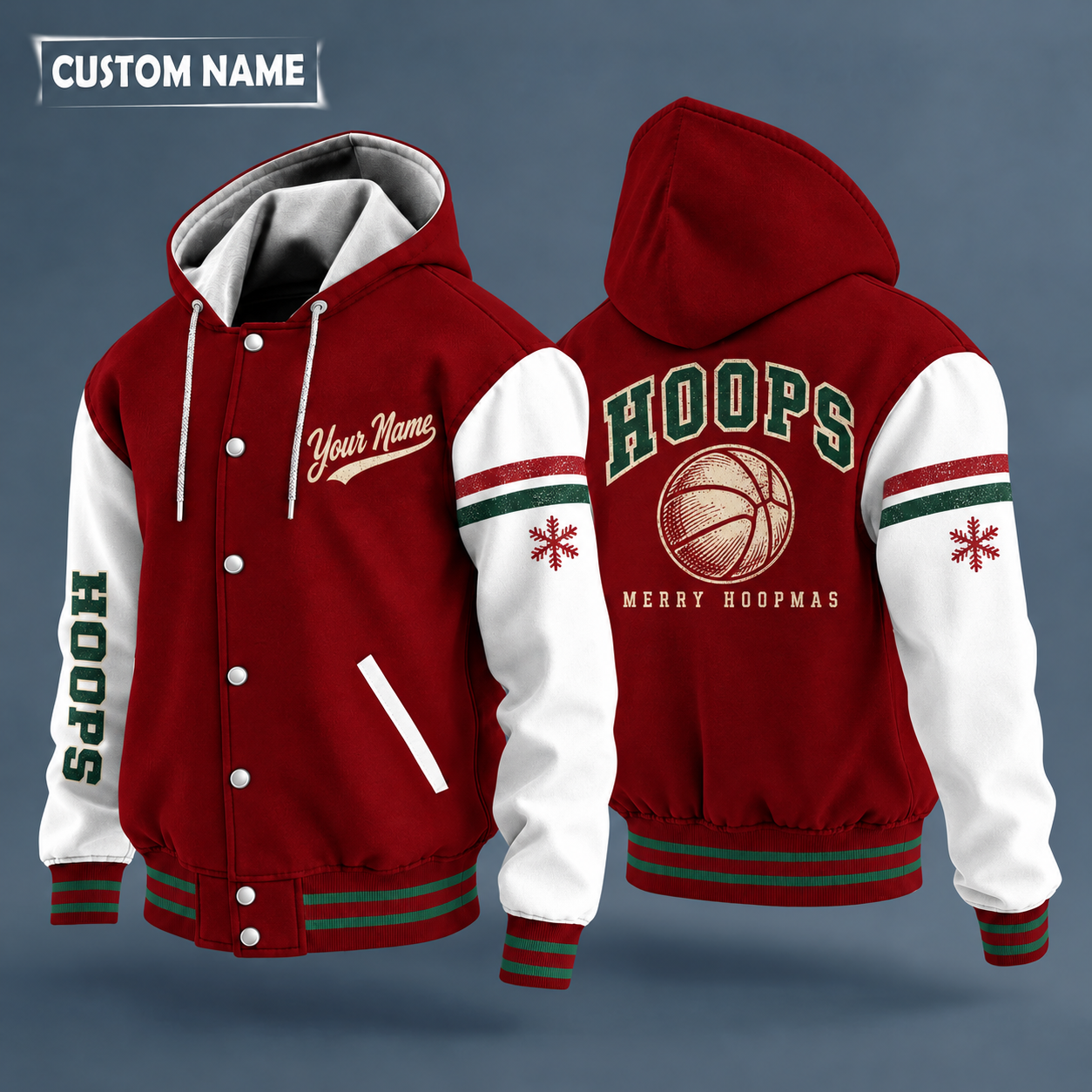 Hooded letterman jacket with white sleeves, snowflake and basketball on the back, "HOOPS" lettering and a custom name in script on the chest